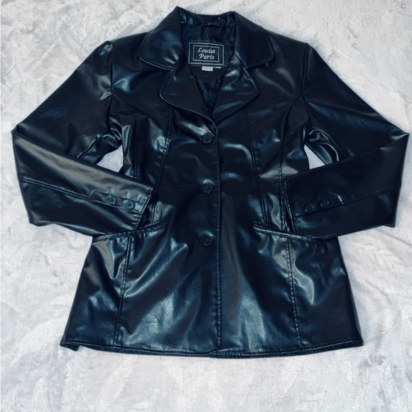 90s Y2K Style Black Faux Leather Peacoat Blazer Jacket, Women’s Large - Picture 1 of 3